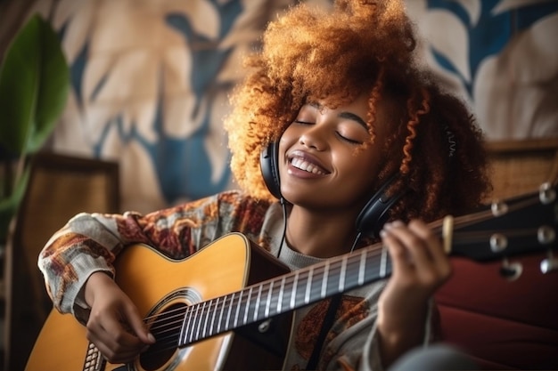 Foto estilo de vida mulher retrato de guitarra jovem músico beleza musical casa adolescente atraente ia generativa