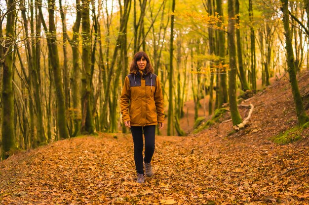 Estilo de vida outono, uma jovem mulher com uma jaqueta amarela em uma floresta cheia de árvores. Floresta Artikutza em San Sebastin, Gipuzkoa, País Basco. Espanha