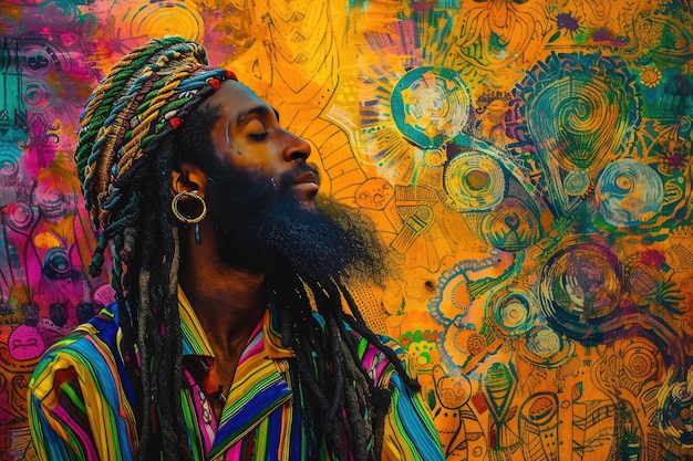 Estilo de vida rastafari eclético com cores vibrantes, música reggae e vibrações pacíficas.