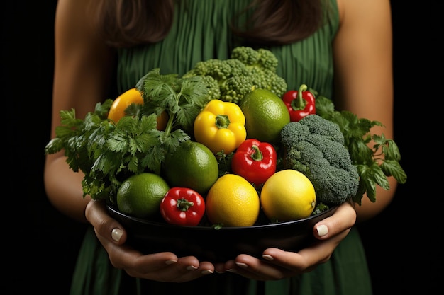 Foto estilo de vida saudável mulher de verde com um prato de vegetais comendo nutritivamente