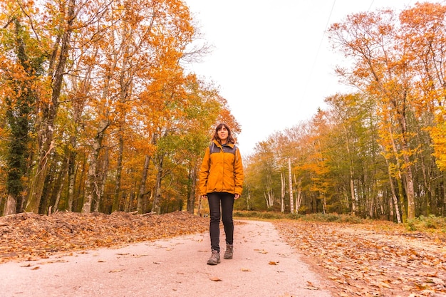 Estilo de vida uma jovem morena em uma jaqueta amarela andando em uma floresta no outono