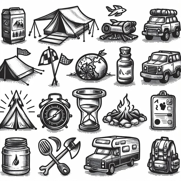 Estilo de dibujo de ilustración vectorial de la colección de iconos de campamento