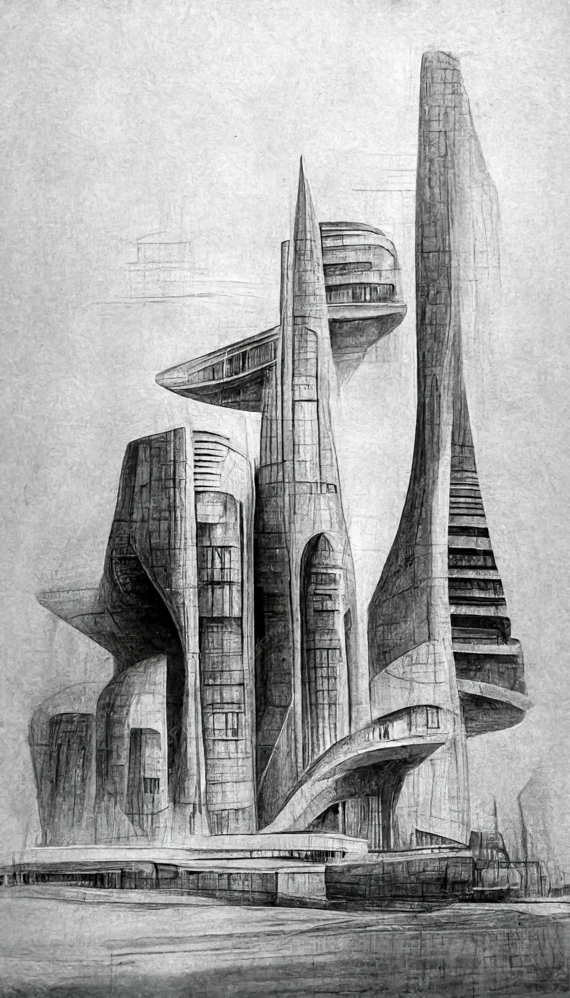 Estilo de dibujo a lápiz de arquitectura urbana surrealista futurista  ciudad alienígena de fantasía ilustración 3d | Foto Premium