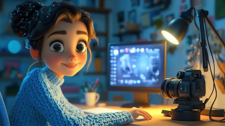 Foto estilo de dibujos animados en 3d stylish girl video blogger cerca de la computadora en el estudio doméstico iluminado por una lámpara de neón led redonda cámara y micrófono cerca