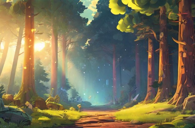 estilo de dibujos animados bosque bosque fondo luz del sol