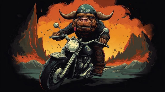 estilo de dibujos animados Buffalo usando un casco montando una motocicleta