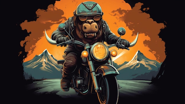 estilo de dibujos animados Buffalo usando un casco montando una motocicleta