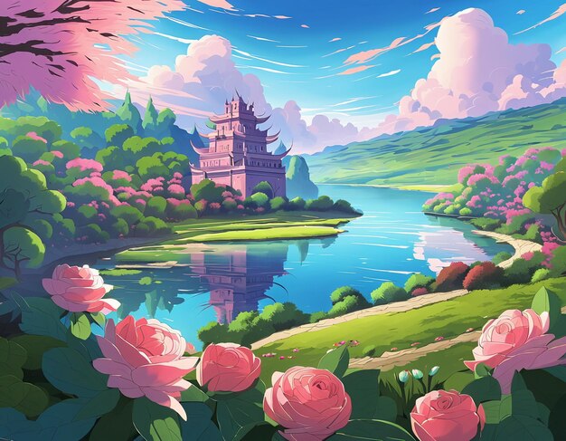 Estilo de dibujos animados flores rosadas árboles y castillo de fantasía ilustración fondo papel tapiz