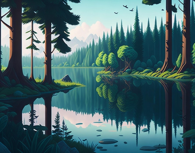 Estilo de dibujos animados de la jungla Escena del bosque con lago y árboles Fondo de paisaje natural Generado por AI