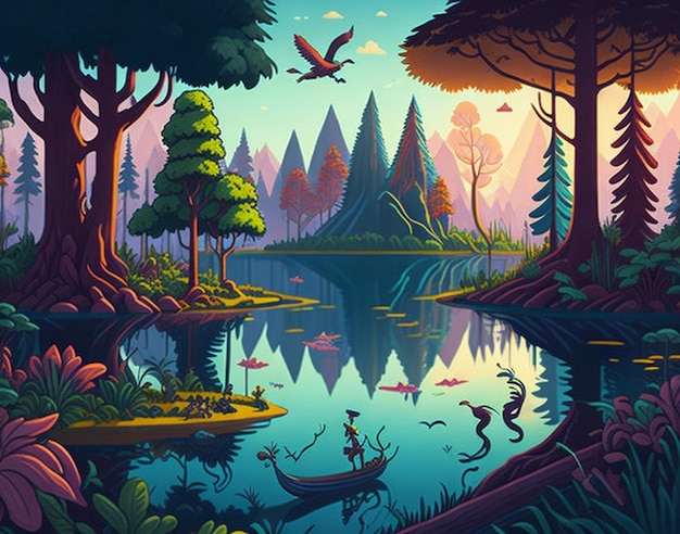 Estilo de dibujos animados de la jungla Escena del bosque con lago y árboles Fondo de paisaje natural Generado por AI