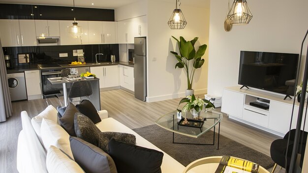 Foto estilo diseñado apartamento estudio con cocina abierta a la sala de estar y dormitorio con tvgenerative ai