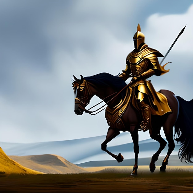 Estilo de diseño de pintura de ilustración digital un caballero dorado y su caballo caminando al campo de espadas