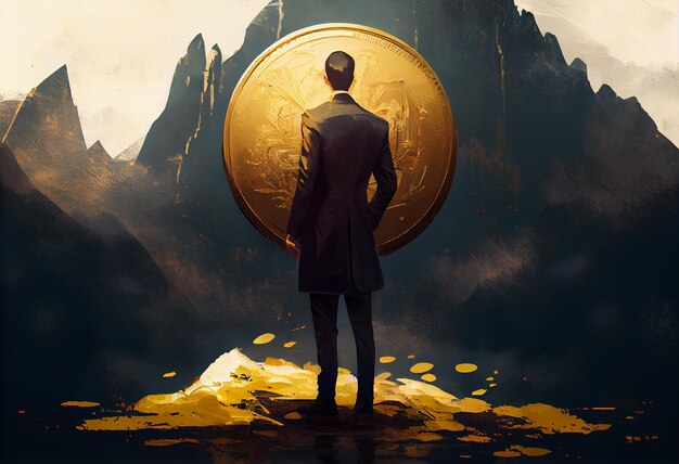 Estilo de diseño de pintura de ilustración digital un hombre de negocios de pie está frente a una gran moneda de oro Generar Ai