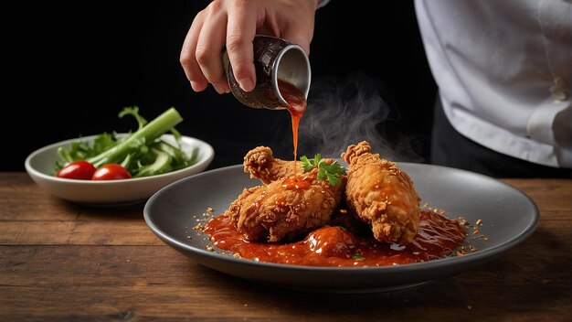 Foto estilo do sul um chef chovendo molho picante sobre um prato de chi frito