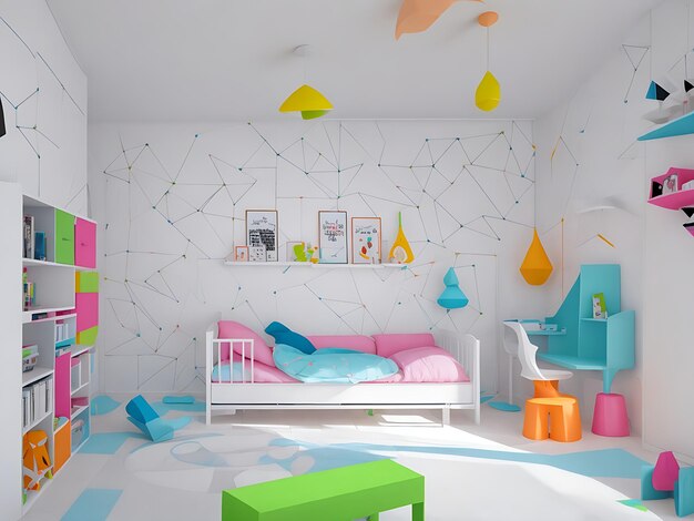 estilo editorial fotografía dormitorio del niño en 2077 pintura blanca geométrica acentos de neón hd