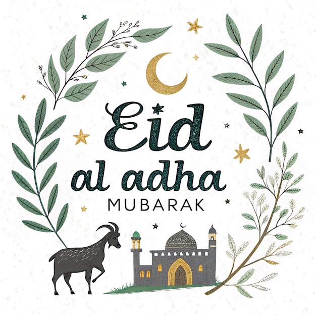 Estilo elegante Eid Ul Adha Mubarak Pincel caligrafía con hojas y ramas un natural