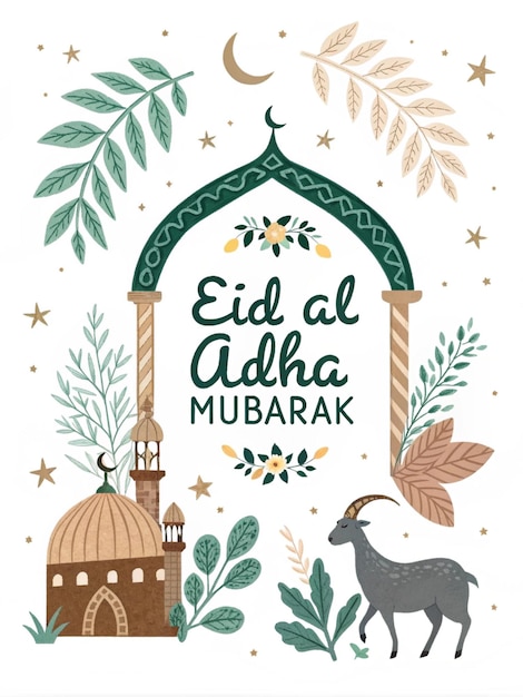 Estilo elegante Eid Ul Adha Mubarak Pincel caligrafía con hojas y ramas un natural