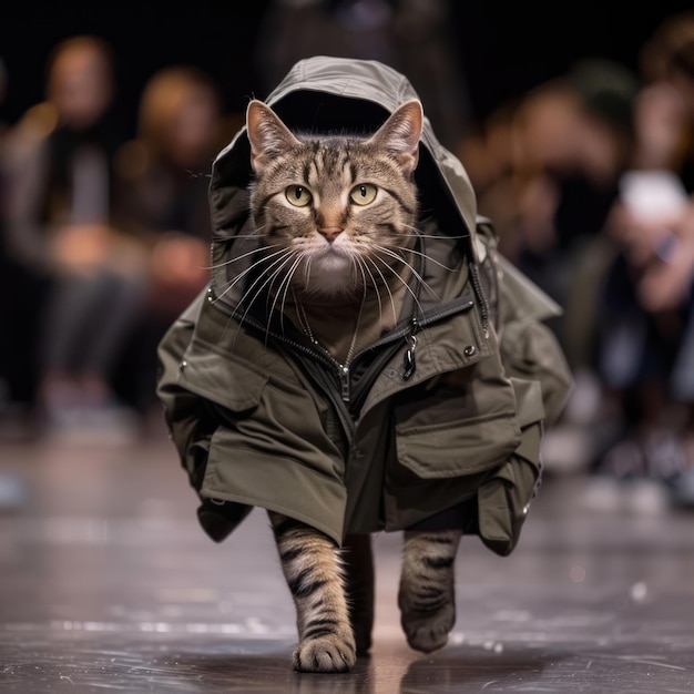 El estilo elegante del gato gángster, el estilo de la moda, el modelo del espectáculo de moda, el gato con chaqueta.