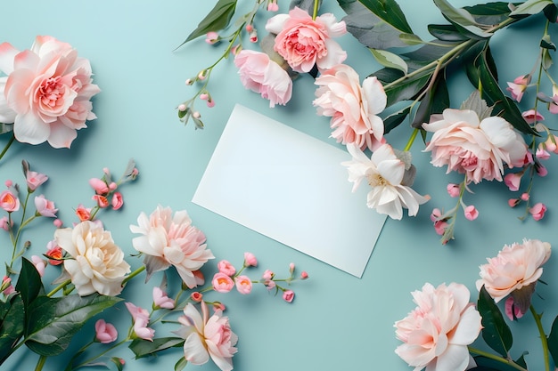 Foto estilo elegante plano colocado colores pastel florístico saludo invitación tarjeta postal copia maqueta de espacio