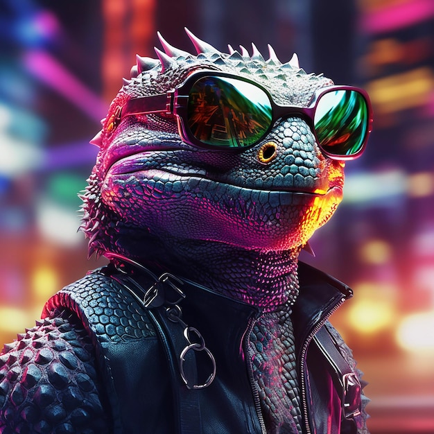 Estilo épico de onda retrô de lagarto cyberpumk neon