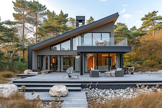 Estilo escandinavo casa de campo moderna no outono com grandes janelas terraço paisagismo árvores floresta fundo