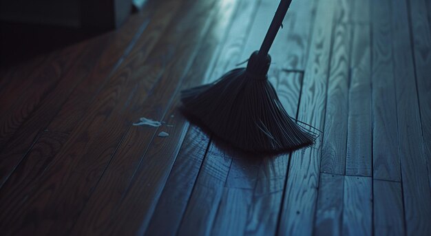 Foto estilo de la escoba de la posada en el piso de madera dura