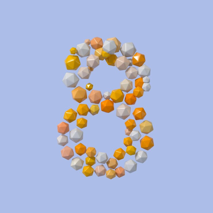 Foto estilo de esfera de partículas multicolor alfabeto 8 con aislado en fondo blanco renderizado en 3d