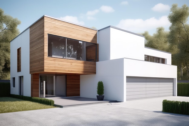 estilo exterior minimalista de la casa con pared de hormigón blanco generada por la IA