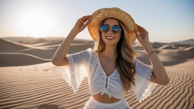 Foto estilo feliz hermosa mujer sonriente posando en la arena del desierto en traje blanco con sombrero de paja y s