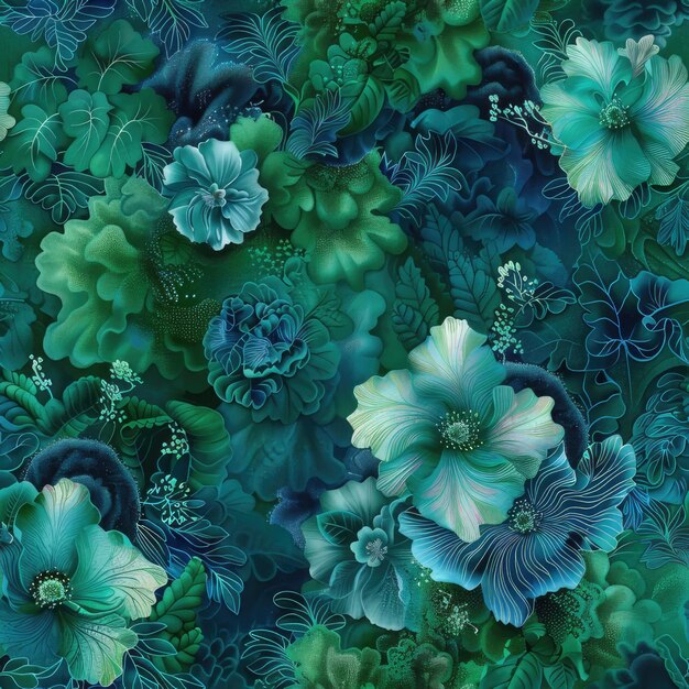 Estilo floral japonês sem costuras realista em azul azulado