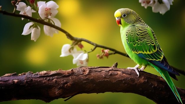 Foto estilo fotográfico perico en una rama de madera con fondo verde