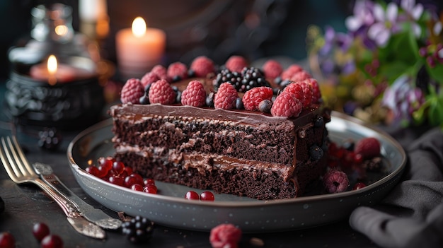 estilo gótico bolo de chocolate escuro cores temperamentais talheres de prata luz de vela