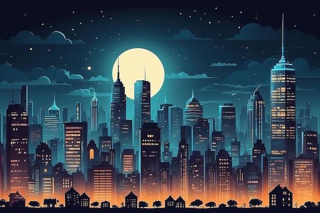 Estilo gráfico desenho animado Night City Skyline Background