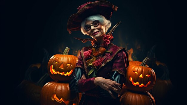 Foto en el estilo de una ilustración detallada una mujer en un disfraz de halloween se encuentra al lado de una calabaza