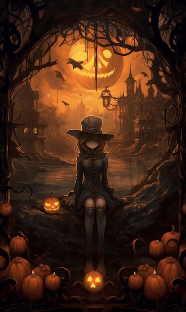 En el estilo de una ilustración detallada una mujer en un disfraz de Halloween se encuentra al lado de una calabaza