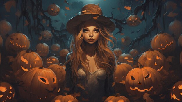 En el estilo de una ilustración detallada una mujer en un disfraz de Halloween se encuentra al lado de una calabaza