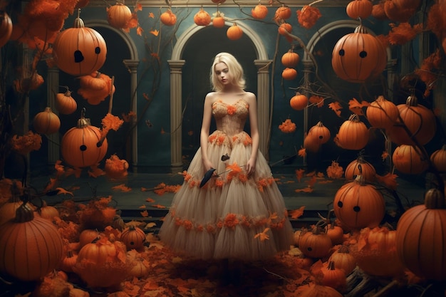 En el estilo de una ilustración detallada una mujer en un disfraz de Halloween se encuentra al lado de una calabaza
