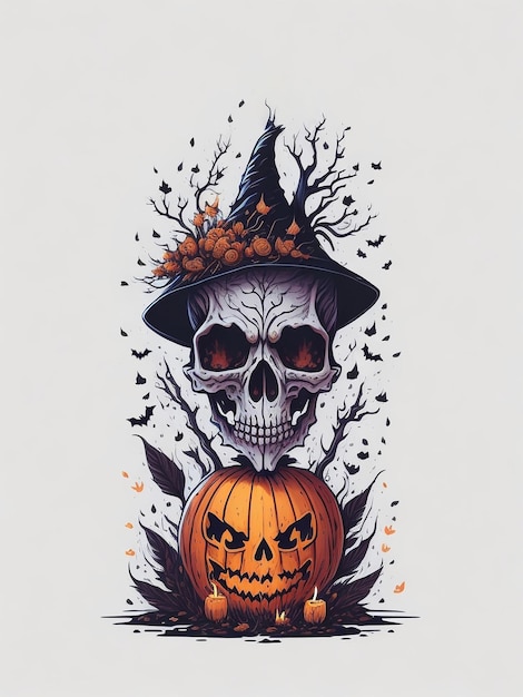 Estilo de ilustración vintage de bruja y calavera de Halloween