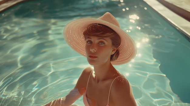 Foto estilo de imagen retro una mujer con un corte de pelo corto en la piscina piscina privada relajación tranquila del alma