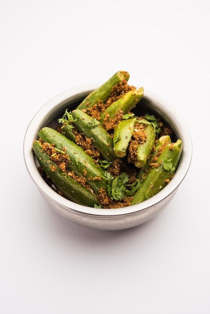 Estilo indiano Bharwa Parwal dry Sabzi ou Stuffed Pointed Gourd Dry fry, foco seletivo