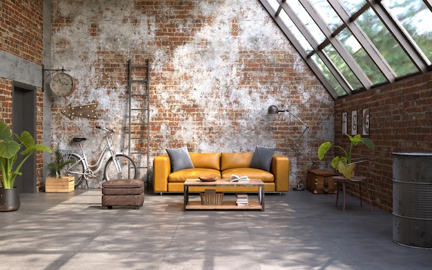 Estilo industrial de design de interiores com paredes grunge Renderização 3d de estilo loft