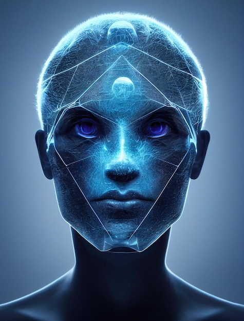 Estilo de inteligencia artificial Cabeza humana de ojos azules hecha de ilustración de trama de partículas.