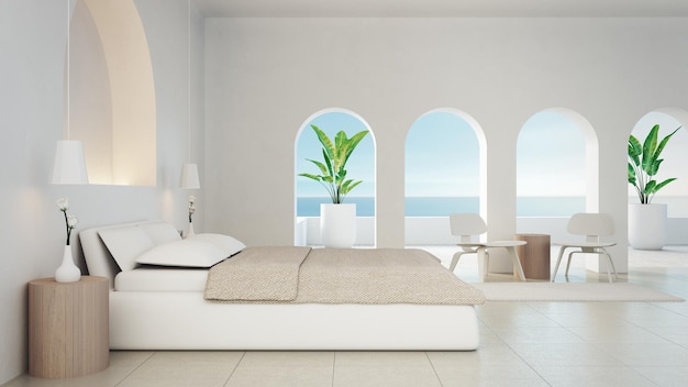 Estilo interior de Santorini do quarto branco - renderização em 3D