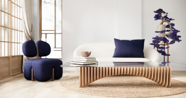 Foto el estilo interior japonés púrpura tiene un sofá sillón en la sala de estar minimalista