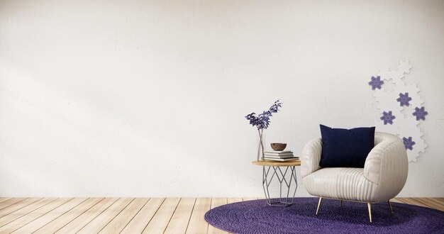 Foto estilo interior japonês roxo tem um sofá poltrona na sala de estar minimalista