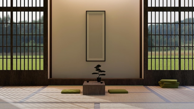 Estilo interior de salón zen japonés tradicional con cojines de mesa en el suelo de Tatami