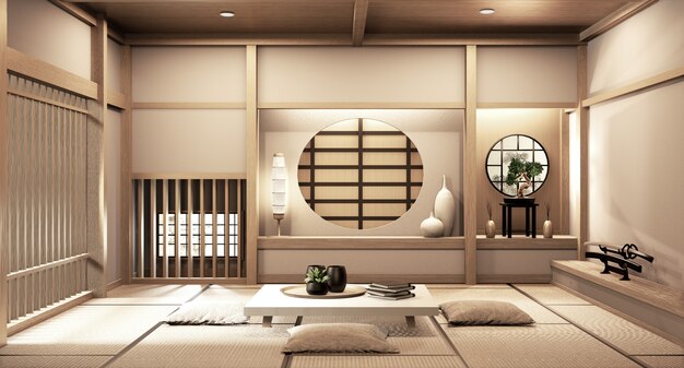 Foto estilo japonês ryokan na sala de madeira design muito bonito. renderização em 3d