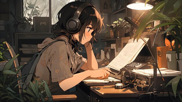 Estilo Lofi Girl con un niño estudiando y escuchando música