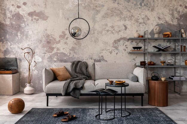 Foto estilo loft de apartamento moderno con diseño gris sofá mesa de café de mármol librería lámpara pedante