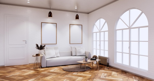 Estilo loft com parede branca no piso de madeira e poltrona sofá no tapete. Renderização 3D